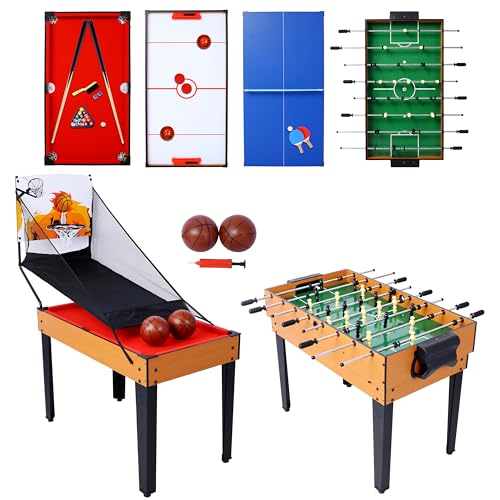 5-in-1 Multi-Game Table,Billiards,Push Hockey,Foosball,Ping Pong,Basketball,Durable,Indoor Sports Table with All-Inclusive Accessories, for Home Practice and Friendly Competitions - Brown & Red