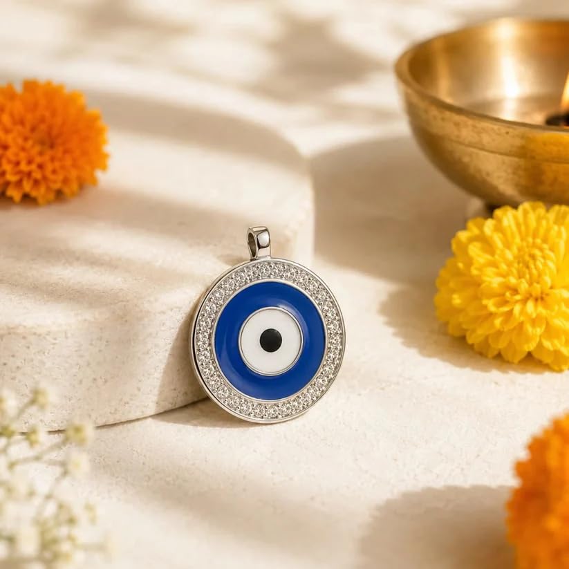 Image of Evil Eye Pendant for Protection & Positive Energy | Round Blue Nazar Pendant with Crystal Border | Unisex Spiritual Lucky Charm Necklace Pendants Gift