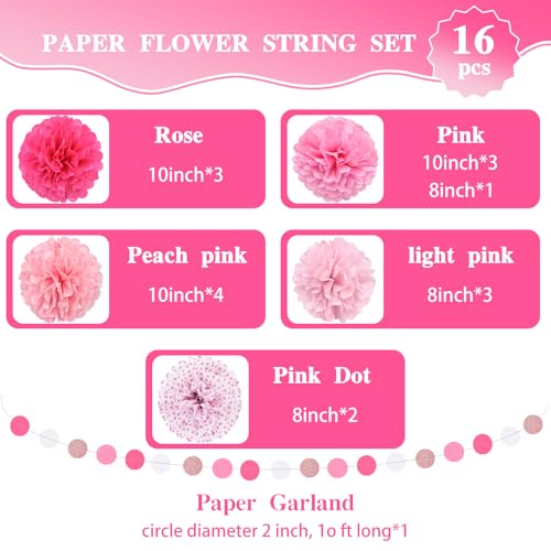Image of Pink Party Decorations, Tissue Paper Pom Poms Circle Garland for Valentines Day Decorations Pink theme Birthday, Bridal Shower Baby Shower Wedding Romantic Decorations Engagement Party, 16PCS
