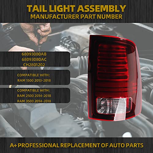 Dasbecan Tail Lights Assembly Passenger Side Red Lens Black Interior Compatible With Dodge Ram 1500 2013-2018 Ram 1500 Classic Warlock 2019-2022 Ram 2500 3500 2014-2018 Replaces# 68093080Ab 68093080Ac #TOP1