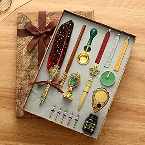 CLOSAL Calligraphy Pen Ink Wax Seal Stamp Gift Set Feather Pen Ink Set Includes Feather Dip Pen Replacement Nibs,3 Wax Seal Sticks,Pen Nib Base,Seal Stamp, Spoon