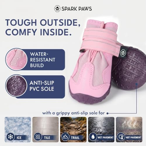 Image of Spark Paws 365 Dog Shoes - All-Weather Paw Protection | Winter Snow Boots & Summer Hot Pavement Booties for Dogs | All-Terrain, Water-Resistant, Pink - Size 4