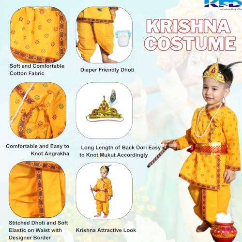 Image of Kaku Fancy Dresses Krishna Costume for Kids, Baby Krishna Dress for Janmashtami, Bal Krishna Dhoti Set, Krishnaleela Costume, Infant Bal Gopal, Krishna Fancy Dress Costume for Boys /Girls