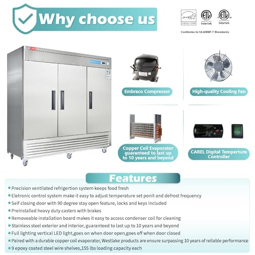 Westlake WKR-82B 82 Inch W Commercial Refrigerator 3 Door 3 Section Stainless Steel Reach In Solid Door Upright Fan Cooling 72 Cu.Ft Cooler thumb #3