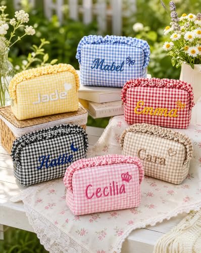 campaign:KEQHAULI Custom Product Collection-10% Campaign lD: 1F88SLQEM8D3U Product name: KEQHAULI Custom Embroidered Ruffled Plaid Makeup Bag, Personalized Name Cosmetic Pouch, Ruffle-Trimmed Travel Toiletry Bag - image 8