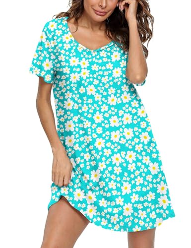 Image of ENJOYNIGHT Womens Cotton Nightgown Short Sleeve Sleepshirt Print Nightshirt | Short-Sleeve Crew Neck, Soft Cotton Fabric, Cartoon Printed Sleep Shirt, Loose Fit