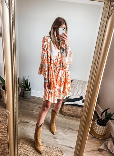 Image of miduo Womens Summer Dress Casual V Neck Buttoned 3 /4 Sleeve Bohemian Tribal Print Flowy Mini Dresses