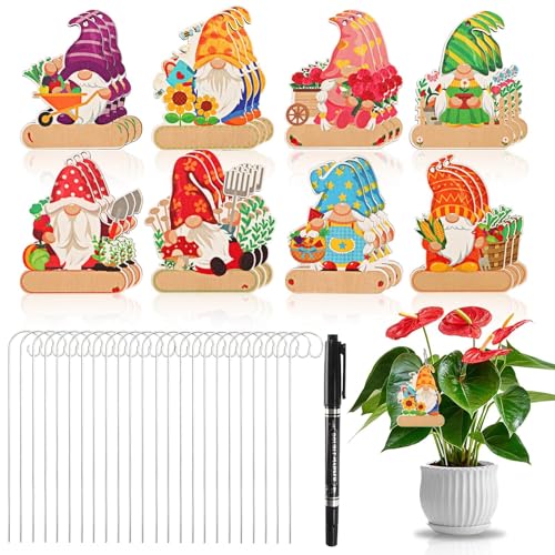 UPINS 24 Pack Gnome Plant Markers for Outdoor Garden, Waterproof Wooden Plant Label Stakes Tags, Herb Name Tags with A Marker, Garden Supplies for Gardening Gifts