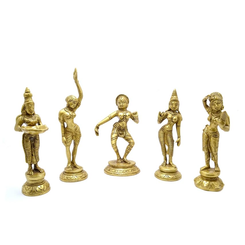 Two Moustaches Brass Apsara Showpieces - Set of 5 Statues, Return Gifts for Pooja, Indian Housewarming Gifts, Standard, Pack of 5