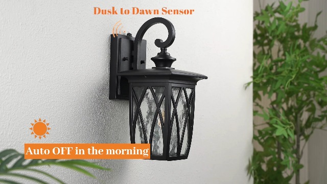 Image of JYZ Dusk to Dawn Outdoor Wall Lantern, Craftsman Style Exterior Sconce Light with Water Ripple Glass, Traditional Porch Light Fixture Wall Mount Lamp for Front Porch Doorway Garage Patio Garden 14''