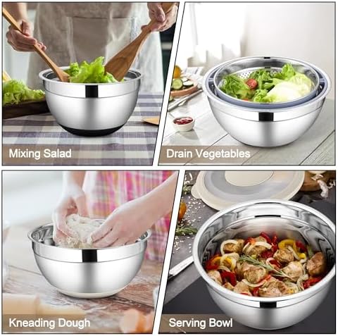 HaWare Mixing Bowl with Colander, 4-1 Stainless Steel Bowl Set with Lids & 3 Pcs Nesting Graters, Rotatable Food Strainer for Rinsing Fruits Vegetables, Non-Slip Bottom, Khaki