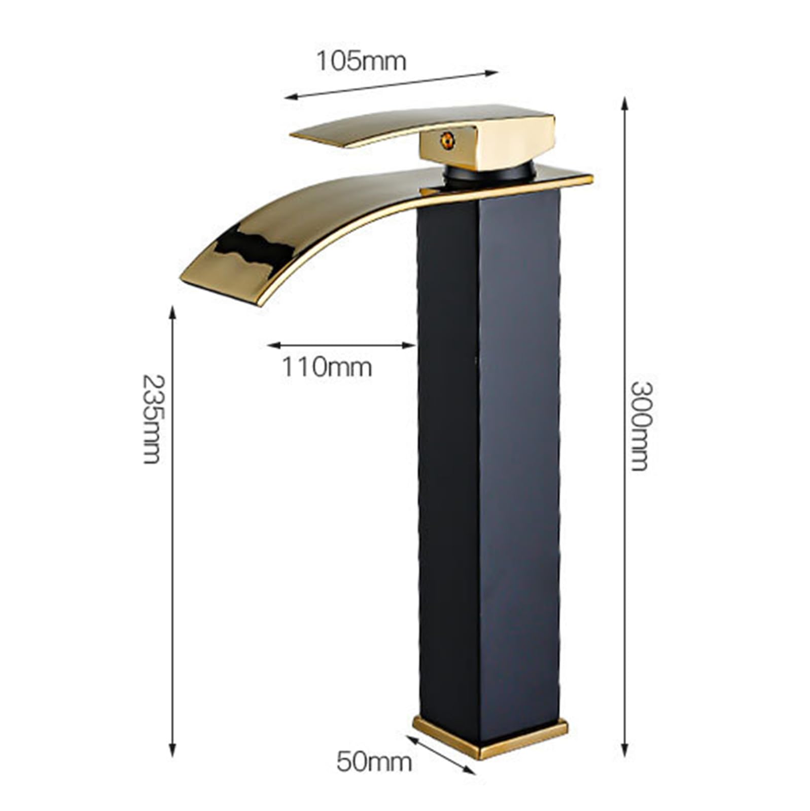 Wasserhahn Bad Hoch Wasserfall Warm Und Kalt-Einhebel-Waschtischarmatur Edelstahl Armatur Aufsatzwaschbecken,schwarz+gold