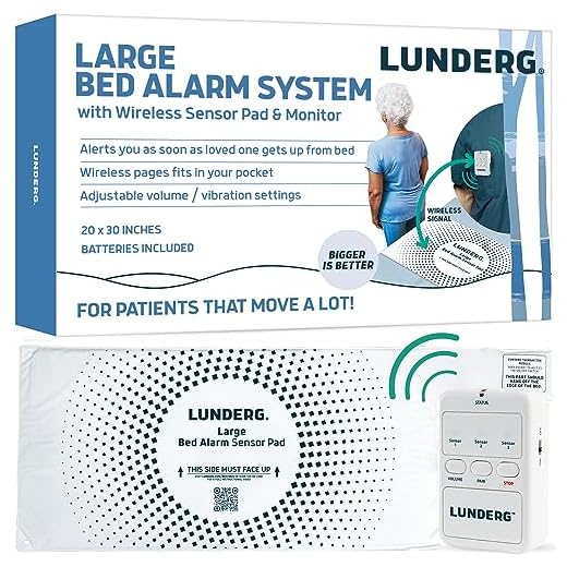 Lunderg Large Bed Alarm for Elderly Adults - Wireless Bed Sensor Pad (20” x 30”) & Pager - Bed Alarm for Elderly Dementia Patients - Bed Alarms and Fall Prevention for Elderly