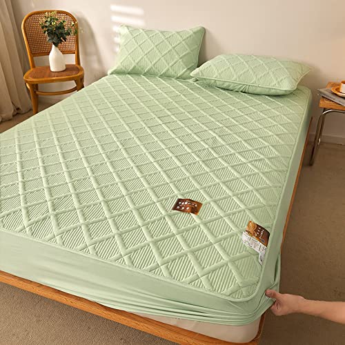 Funda Colchon Sábana Bajera y Fundas de Almohada de algodón Grueso Acolchado Doble pequeño, sábana de Colcha para el Dormitorio apartamento Hotel Verde 135x200cm