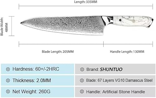 Miniatura 5 de VG-10 Cuchillo de chef de Damasco, cuchillo de cocina japonés de 8 pulgadas con acero de 67 capas, hoja ultra afilada, mango ergonómico de turquesa