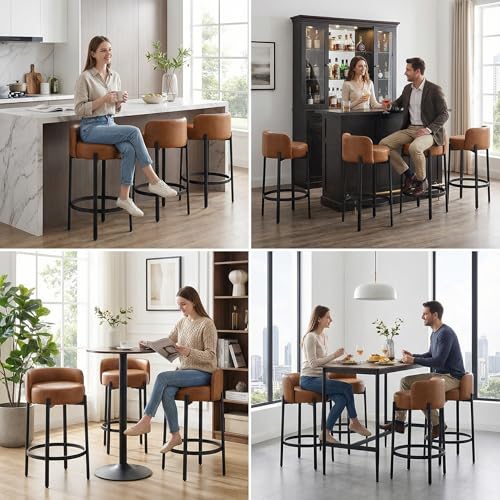 Image of LukeAlon Modern PU Leather Counter Height Stools Set of 2, Upholstered 26 inch Seat Height Barstools with Black Metal Legs Round Low Back Kitchen Stools with Footrest for Dining Room Small Places, Brown