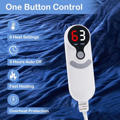 Electric Heated Blanket Throw Size 50" x 60", Super Cozy Soft with 6 Heat Levels & 3 Hours Auto Off, Home Office Use, Navy Blue