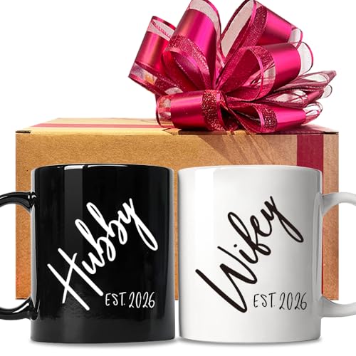 FALJIOK Est 2026 Hubby & Wifey Coffee Mugs Set, Wedding Mug Gift for Couple, Bride Groom Mug Gifts for Anniversary, Newlywed Coffee Mugs Set 11oz, Mr & Mrs Bridal Shower Gift