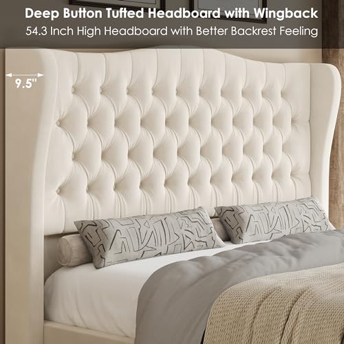 Keyluv King Size Velvet Upholstered Platform Bed Frame with Wingback Headboard and Footboard - Beige/Cream