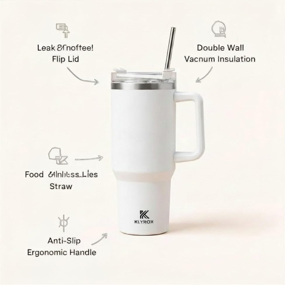 Image of 1200ml Stainless Steel Tumbler with Handle and Straw | Leak Proof Travel Mug | BPA Free Reusable Drinking Cup for Office, Travel, Gym & Car (White)