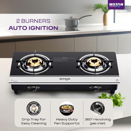 Image of Milton Ignis Pro 2 Burners Auto Ignition Gas Stove | ISI Certified | 6mm Toughened Glass Top | 360 Degree Nozzle | Heavy Duty Pan Support | Brass Burners | 1Y Manufacturer's Warranty -Black & White