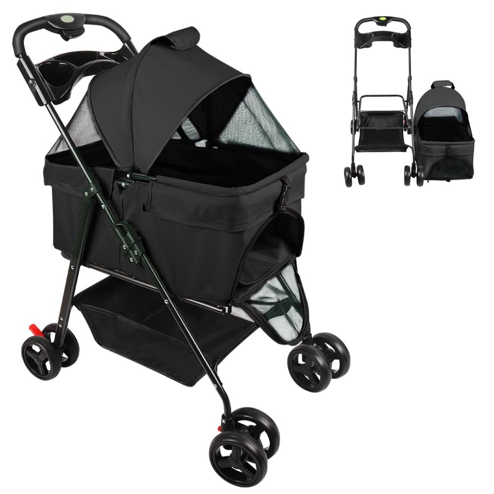 OHMG 3 en 1 Poussette Buggy Pliable Chien Chat,Panier de Rangement Porte-gobelets Tissu 600D Oxford Imperméable 4 Roues Résistant à l'Usure à 360°,Fenêtre en Filet,Porte-gobelet