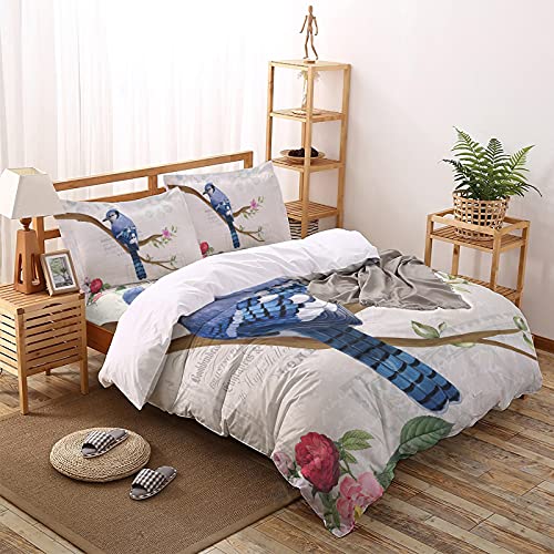 Partyshow 4 Piece Bed Sets Full, Blue Jay Bird Tree Branches Spring Floral Bedroom Comforters Cover Bed Sheet With 2 Pc Pillowcases For Girls/Boys/Bedroom, Retro Letter Postage Stamp #TOP2