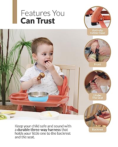 Image of Feed Me 3-in-1 Travel High Chair Booster Seat for Infants and Toddlers - Transitional, Compact & Fits Any Chair, Swivel Tray, Pumpkin Orange