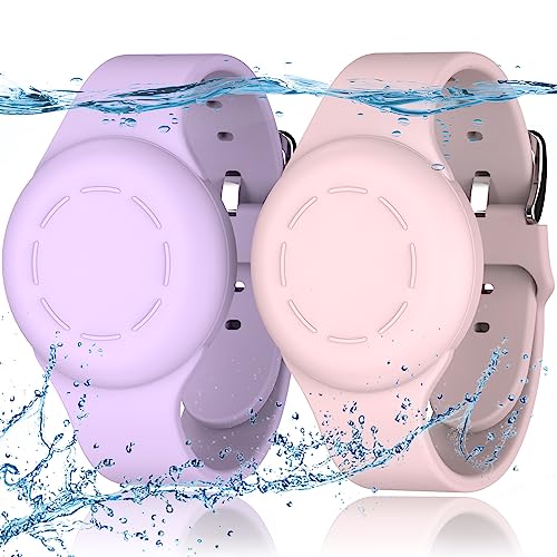 R-fun Waterproof Air Tag Bracelets for Kids [2 Pack] Compatible with Apple Air Tag Finders with Soft Silicone Anti Lost GPS Item Finders Case Cover for Kids Pink/Light Purple