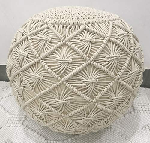 The Knitted Co. Cotton Pouf Handmade Macrame Ottoman - Farmhouse Rustic Accent Furniture - Footrest Round Bean Bag - For Living Room Bedroom Kids Room (Natural, 18" X 18" X 14") #TOP3