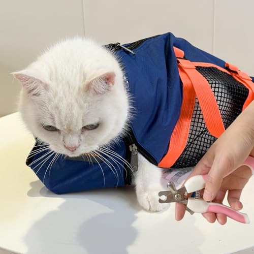 Image of Cinf Cat Nail Clipping Cleaning Grooming Restraint Bag (Free Muzzle) Set No Scratching Biting for Bathing Nail Trimming Injecting Examining(Navy Blue,L)