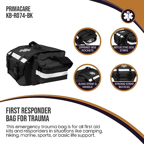 Image of Primacare KB-RO74-BK First Responder Trauma Bag, 17 inch x 9 inch x 7 inch, Black - EMT /EMS Medical Supply Organizer with Padded Dividers, Multiple Compartments, Side Pockets, Reflective Strip, Durable Design
