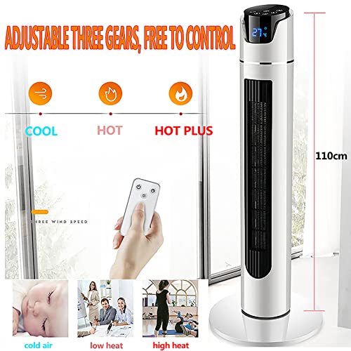 Ventilatorkachel, energiebesparend, 2-in-1 ventilator en verwarmingstoestellen met afstandsbediening en led-display, 2000 W, 3 warmtestanden met afstandsbediening, 8 uur timer, omvalbeveiliging, voor badkamer, kantoor en thuis, wit (maat: hoog 110 cm, col - Afbeelding 3