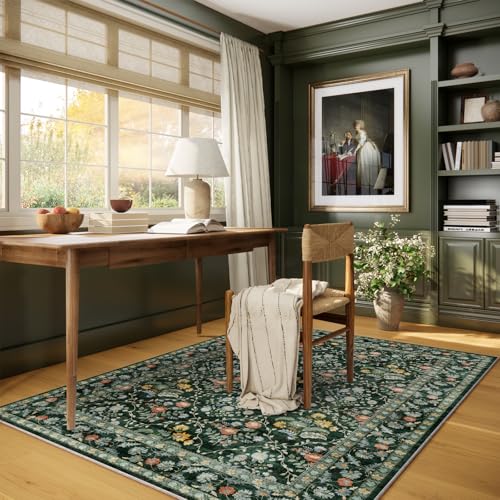 Image of Vintage Botanical Dark Green Area Rug 4x6 Elegant Floral Pattern, Durable Stain-Resistant Fabric, Perfect for Living Room, Bedroom, Dining Room Decor