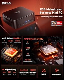 NiPoGi E3B Mini PC ΑΜD Ryzen 5 7430U(Max 4.3GHz,6C/12T) 32Go RAM(16Go+16Go Dual Channels)/1To SSD Mini Ordinateur de Bureau Étude WiFi 6/BT 5.2/4K Triple Display/VESA Supporté