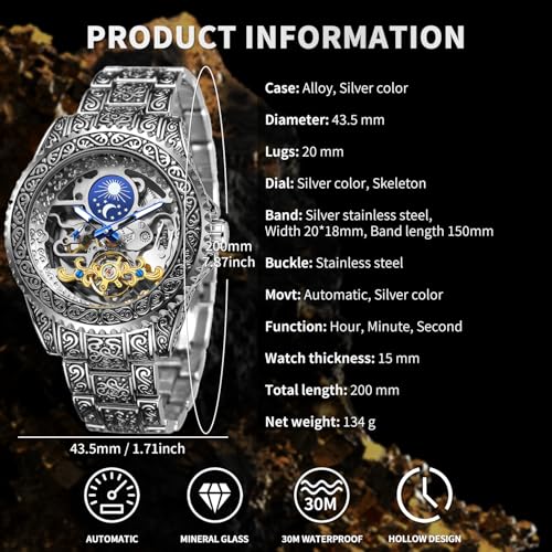 Image of Gute Men's Watch Retro Mechanical Skeleton Watch with Carved Automatic Tourbillon, Moon Phase, Independent Seconds, and Big Dial Design - Self-Wind Automatic Wrist Watches
