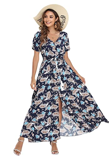 Image of VintageClothing Women's Floral Maxi Dresses Boho Button Up Split Summer Casual Long Dress Beach Party Dress
