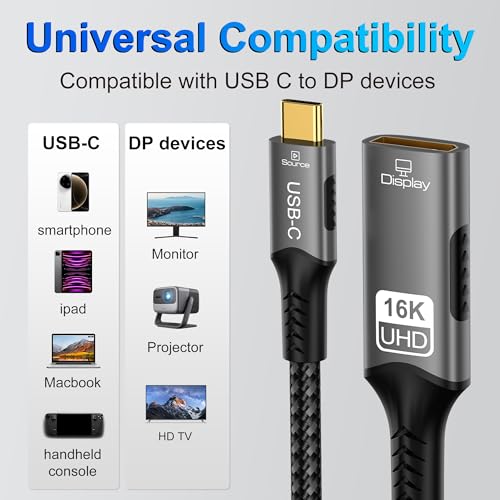 Cable de video USB-C a DisplayPort 2.1 Thunderbolt 4 con soporte 16K 60Hz y 8K 120Hz M/F 6
