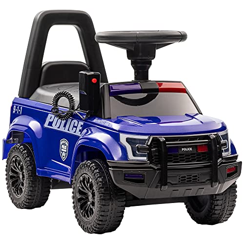Aosom Kids Push Ride On Car with Working PA System and Horn, Police Truck Style Foot-to-Floor Sliding Car for Boys and Girls with Under-Seat Storage, for 18 Months to 5 Years Old, Blue