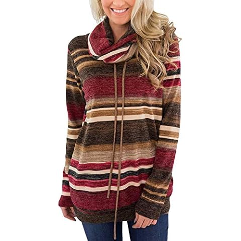 Closhion Women Turtleneck Shirts Long Sleeve 2018 Fashion Striped Hoodies Stretchy Drawstring Sweatshirt Jumpers Wine Medium Cover