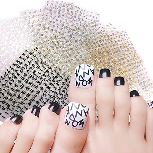 12 Sheets Letter Nail Art Stickers Decal, Nail Supplies 3D Self-Adhesive Metallic Nail Decals Holographic Laser Old English Alphabet Gold Silver Nail Art Design Sticker Manicure Decoration Accessories