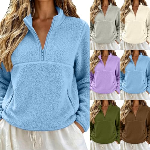 GOSEAGOTOFUN Fleece Pullover Women Quarter Zip Pullover Fuzzy Fleece Mock Neck Sweatshirt Fall Winter Fashion Warm Outfits 01-Blue Small - image 1