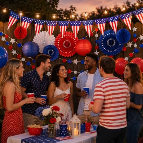 Image of 16PCS 4th of July Patriotic Decorations Set - Red White Blue Party Supplies with Paper Fans, Balloons, USA Flag Pennant - Memorial Day, Veterans Day, Election & Independence Day Party Decor