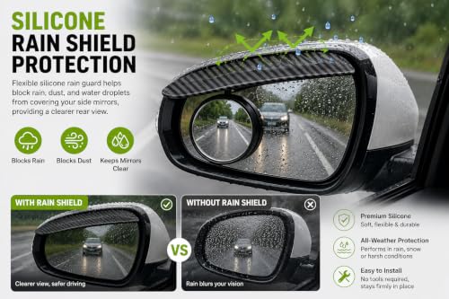 Image of 2 pcs Car Rearview Blind Spot Mirrors with Rain Guard, 2-in-1 Carbon Fiber Rain Eyebrow Reflective Protection Shield, 360 Adjustable HD Blindspot Mirror, Universal Car Exterior Accessories