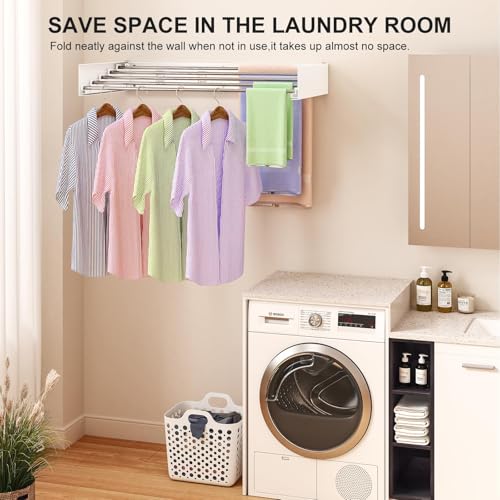 Wall-Mounted-Clothes-Drying-Rack-Foldable-Wall-Mount-Laundry-Drying-Rack-Folding-Indoor-Space-SavingTowel-Drying-Rack-with-Wall-Template-5-Stainless-Steel-Rods-60-lb-Capacity-White-315 Wall Mounted Clothes Drying Rack Foldable Wall Mount Laundry Drying Rack Folding Indoor Space SavingTowel Drying Rack with Wall Template 5 Stainless Steel Rods 60 lb Capacity White 315