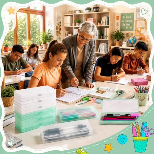 Image of Fainne 24 Plastic Pencil Case Bulk Hard Pencil Boxes with Snap Lid Crayon Maker Pen Organizer Stackable Craft Storage Boxes for School Supplies(Single Layer,White, Green,7.09 x 2.36 x 0.98 Inch)