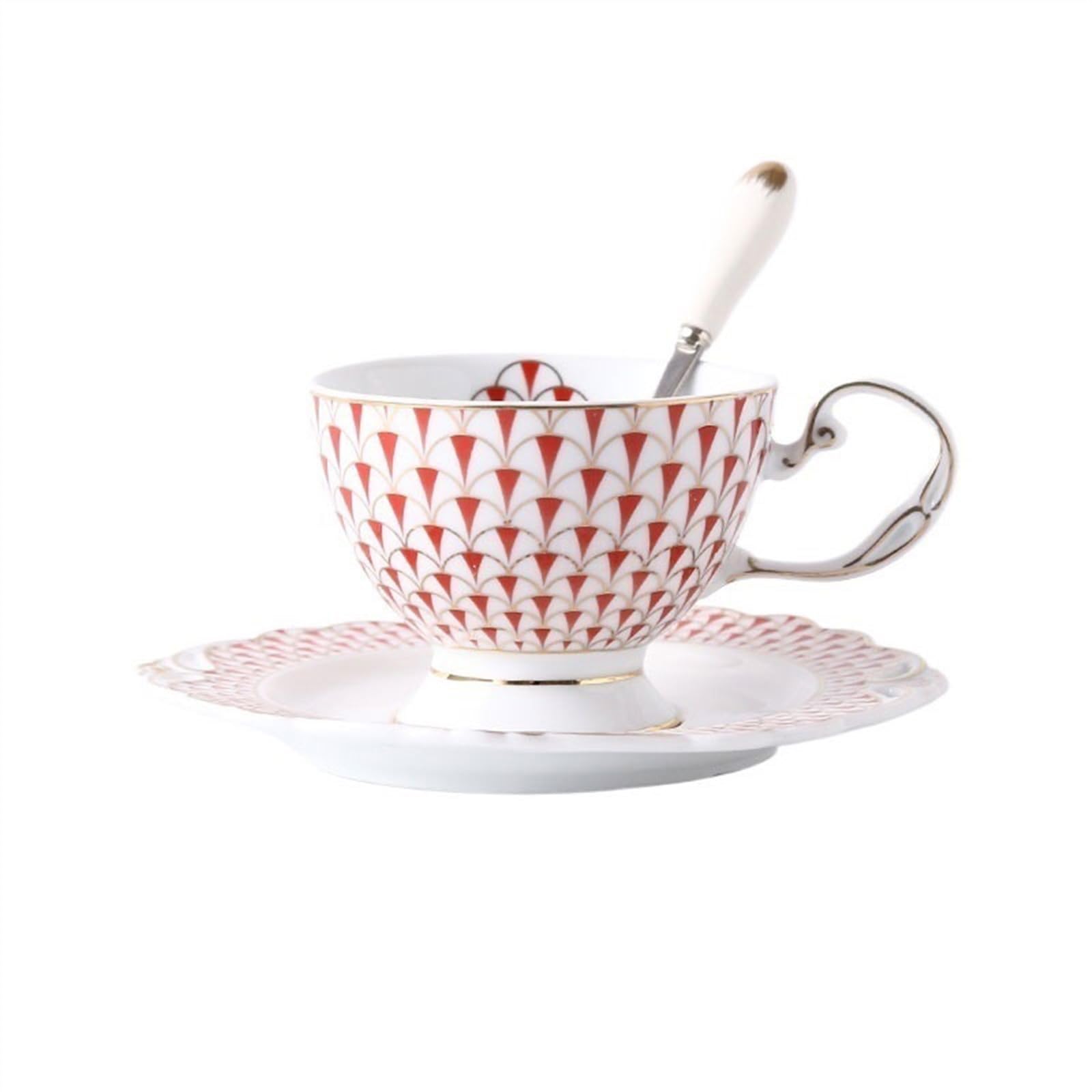 Tasse Tasses Tasse à café en céramique de luxe européenne, ensemble soucoupes thé l'après-midi avec cuillère, tasses noires bords dorés(Red)