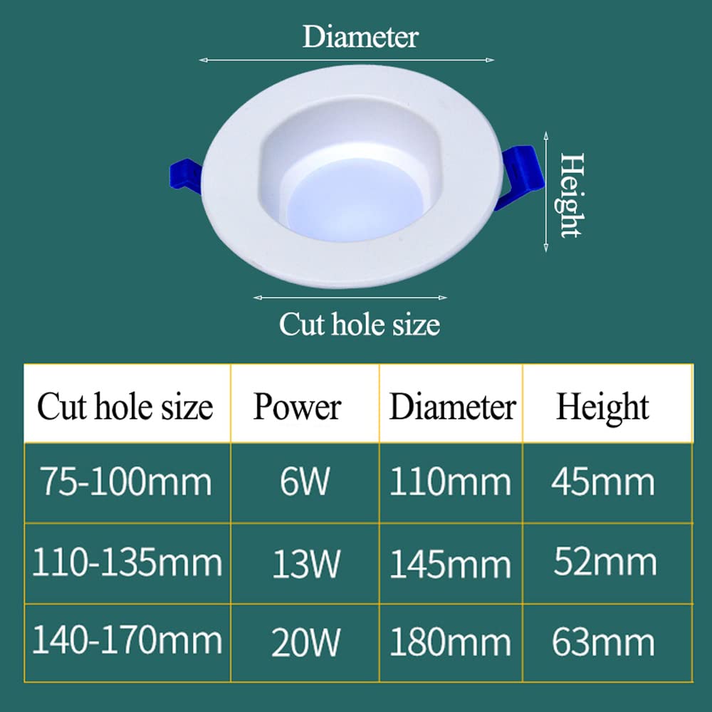 Juego de 10 Luces LED empotradas de Techo, Redondas, Impermeables, IP65, con Deflector, 6 W, 13 W y 20 W, focos Planos para baño, Cocina y Aseo.