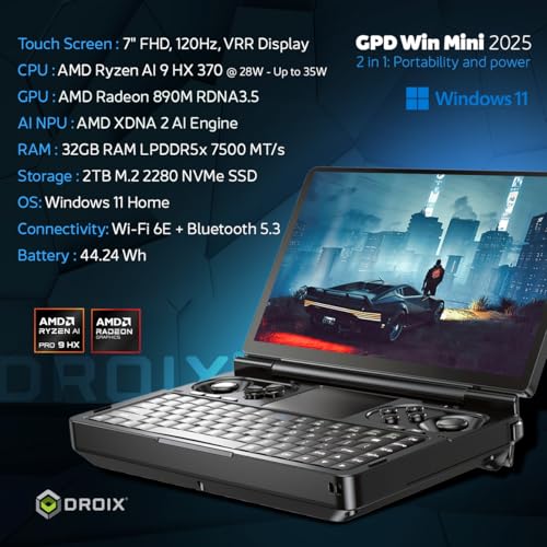 Image of GPD Win Mini 2025 Handheld Gaming PC, AMD Ryzen AI 9 370, 12C /24T up to 5.1GHz, Radeon 890M GPU, 32GB LPDDR5X RAM, 2TB NVMe SSD, 7 inch 1080p 120Hz Touchscreen, Wi-Fi 6E Bluetooth 5.3
