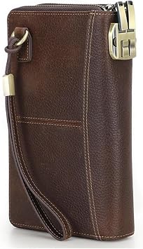 Mens Full Grain Leather Travel Passport Wallet Large Capacity Wristlet Clutch Phone Organizer Purse Coffee